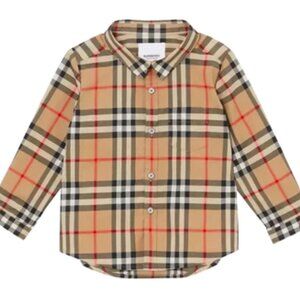 Burberry Boy Frederick Check Woven Long Sleeve Button Shirt Beige Sz 12 Mths NWT